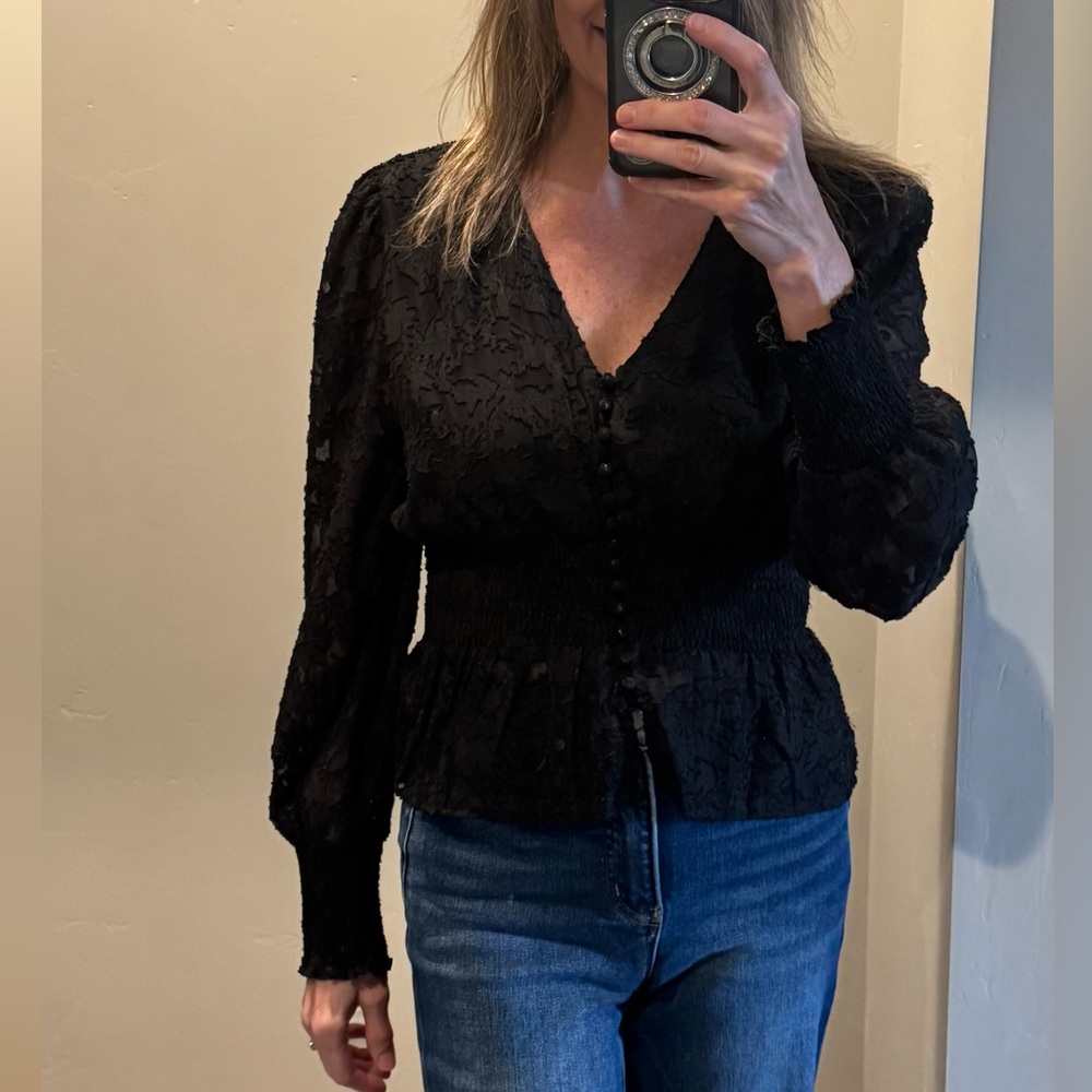 She + Sky black lace blouse cinched waist size large